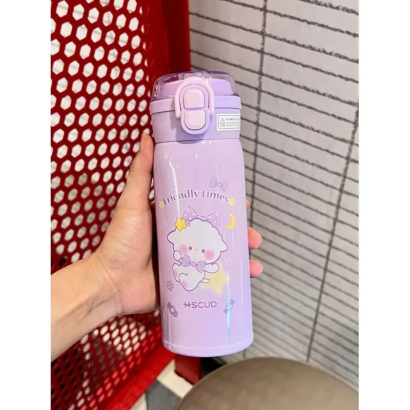 Cute Kids Insulated Thermal Mug For Girls High Aesthetic Value Double Drink Spout Cartoon Straw Water Bottle Student Portable Pop Top Lid Travel Kettle Light Purple Cup