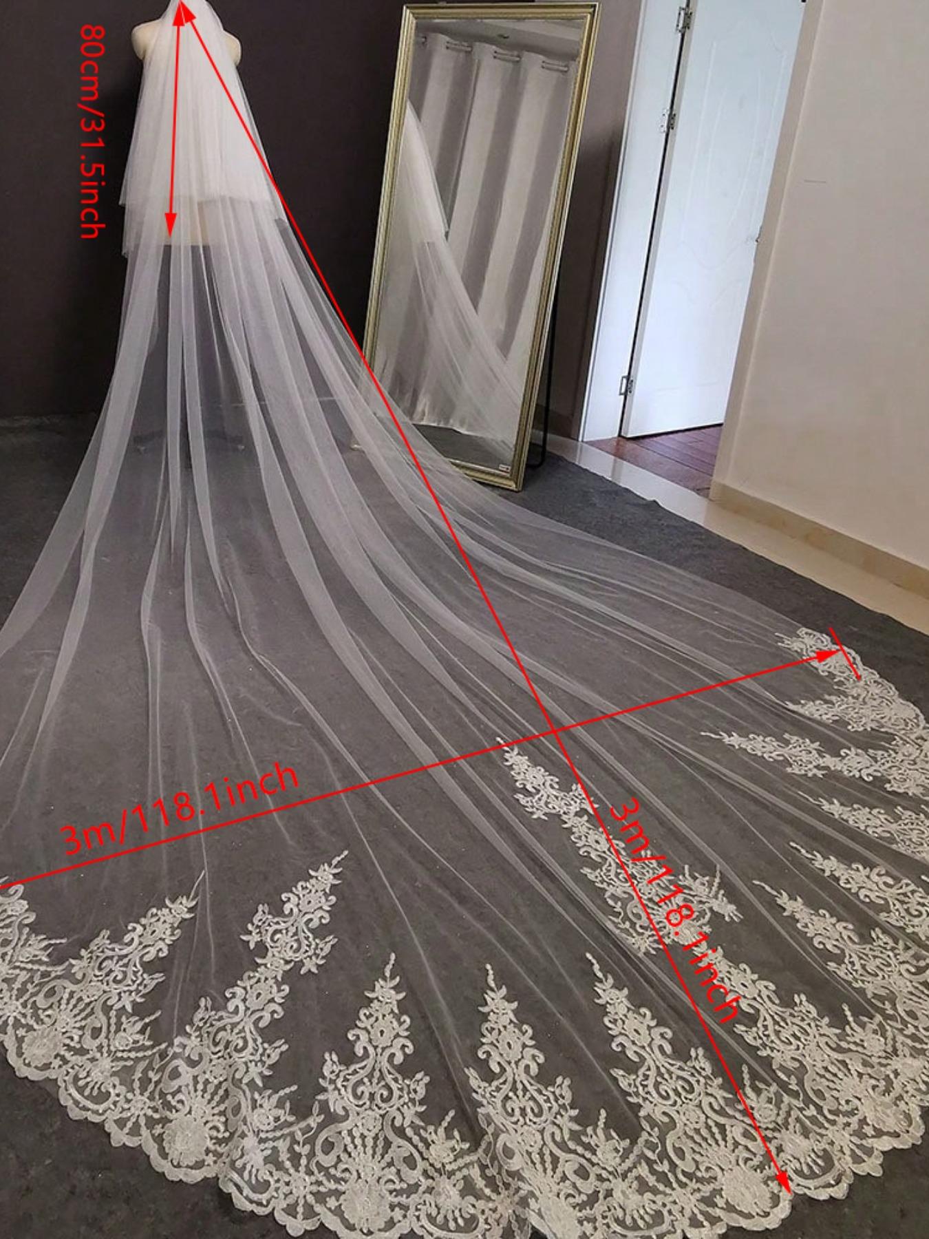 1pcs Cathedral Length Lace Edge Wedding Veil 3M Long Soft Tulle Bridal Veil with Elegant Embroidery Appliqué, Classic Ivory Bride Veil for Ceremony & Photoshoot