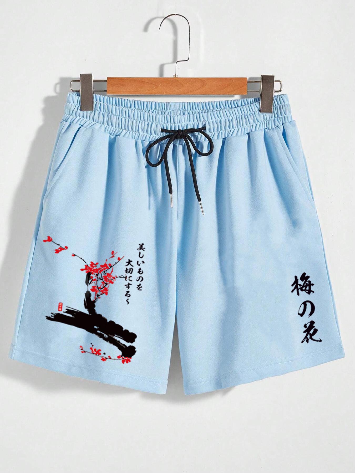 Men's Floral Graphic Print Pocket Drawstring Shorts, Freaky Shorts for Men, Loose Casual Summer Clothes, Men's Bottoms, Elastic Loose Shorts, Casual Streetwear Shorts