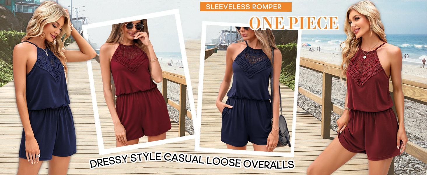 FMEYOA Womens Rompers Casual Summer Rompers Short Halter Jumpsuits Solid Color Elastic Waist Outfits with Pockets Cotton Womenswear