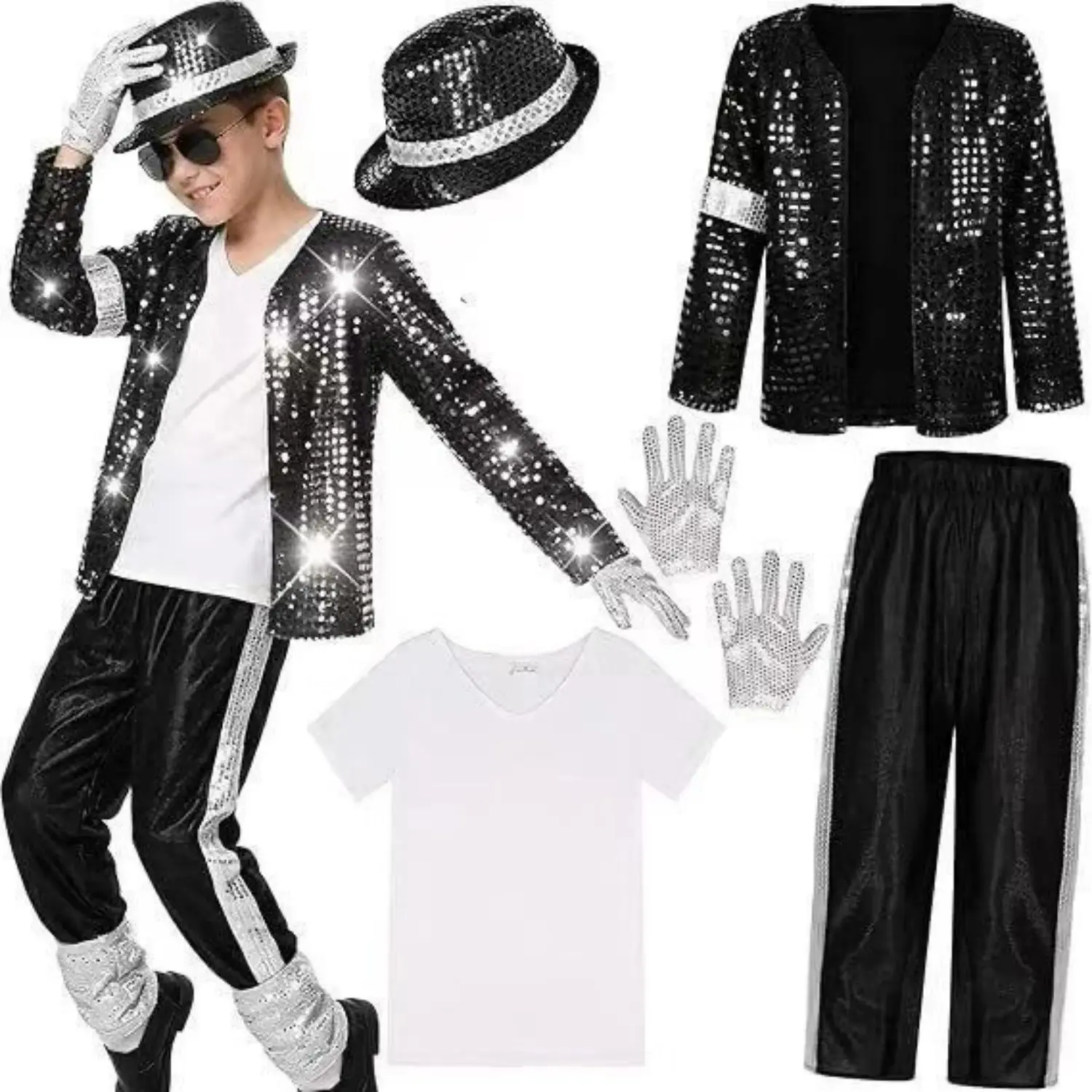 Michael Jackson Kids Pop Rock Superstar Costume - Boys and Girls Outfits for Halloween Cosplay, Birthday Party Dance