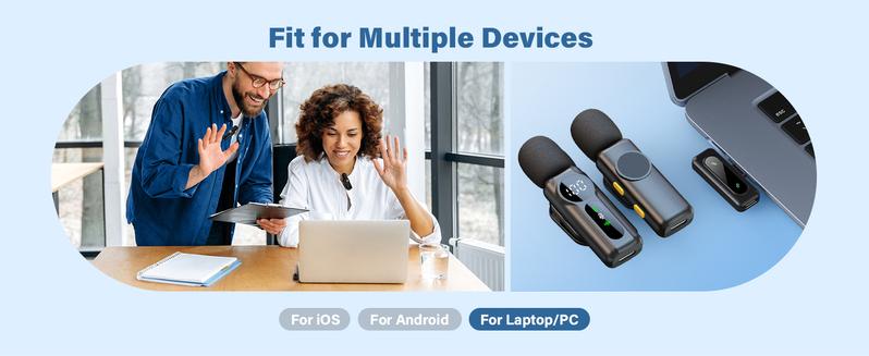 PQRQP Wireless Lavalier Microphone Dual Set – Plug & Play Clip-on Mic with Auto Pairing, Magnetic Mount, Noise Cancelling with LED display for iPhone, Android, USB-C Devices,Vlog & Video Recording