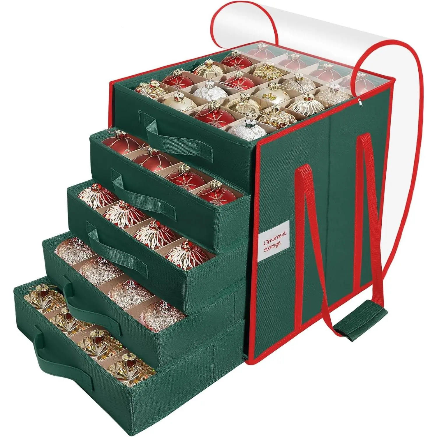 Christmas Ornament Storage Box,5 Tier Holds Up to 100-3” Holiday Décor | Xmas Ornament Organizer Container,Adjustable Dividers,Organizer Bin to Protect and Store Holiday Décor , 600D Oxford Fabric