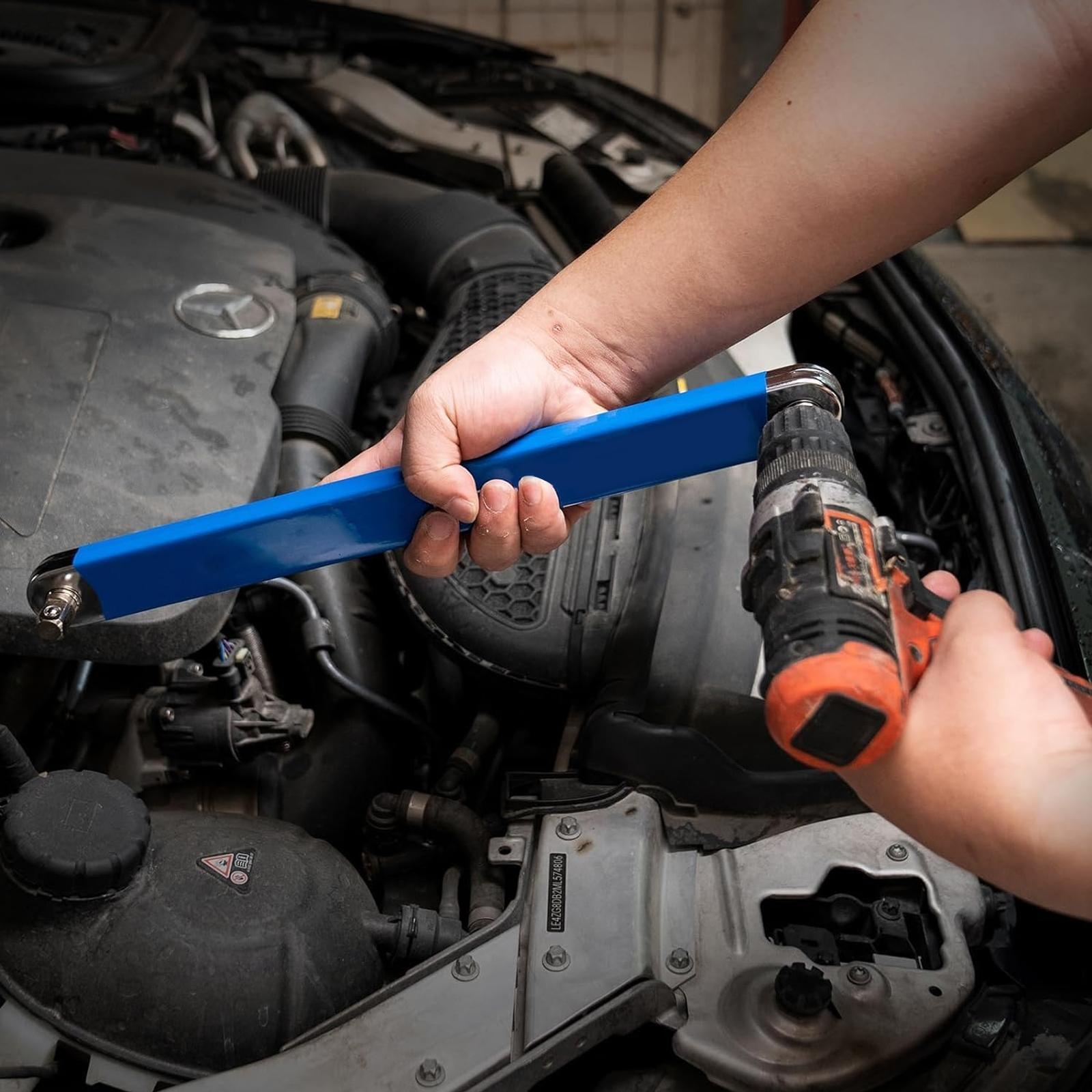 3/8 Inch Offset Extension Wrench,15 Inch Impact Ready Socket Wrench Extender Tool Set with 1/2", 1/4" and 3/8" Square Drive Adapters, Zero Degree Ratchet Tool for Car Blue, Multifunctional Wrench Set