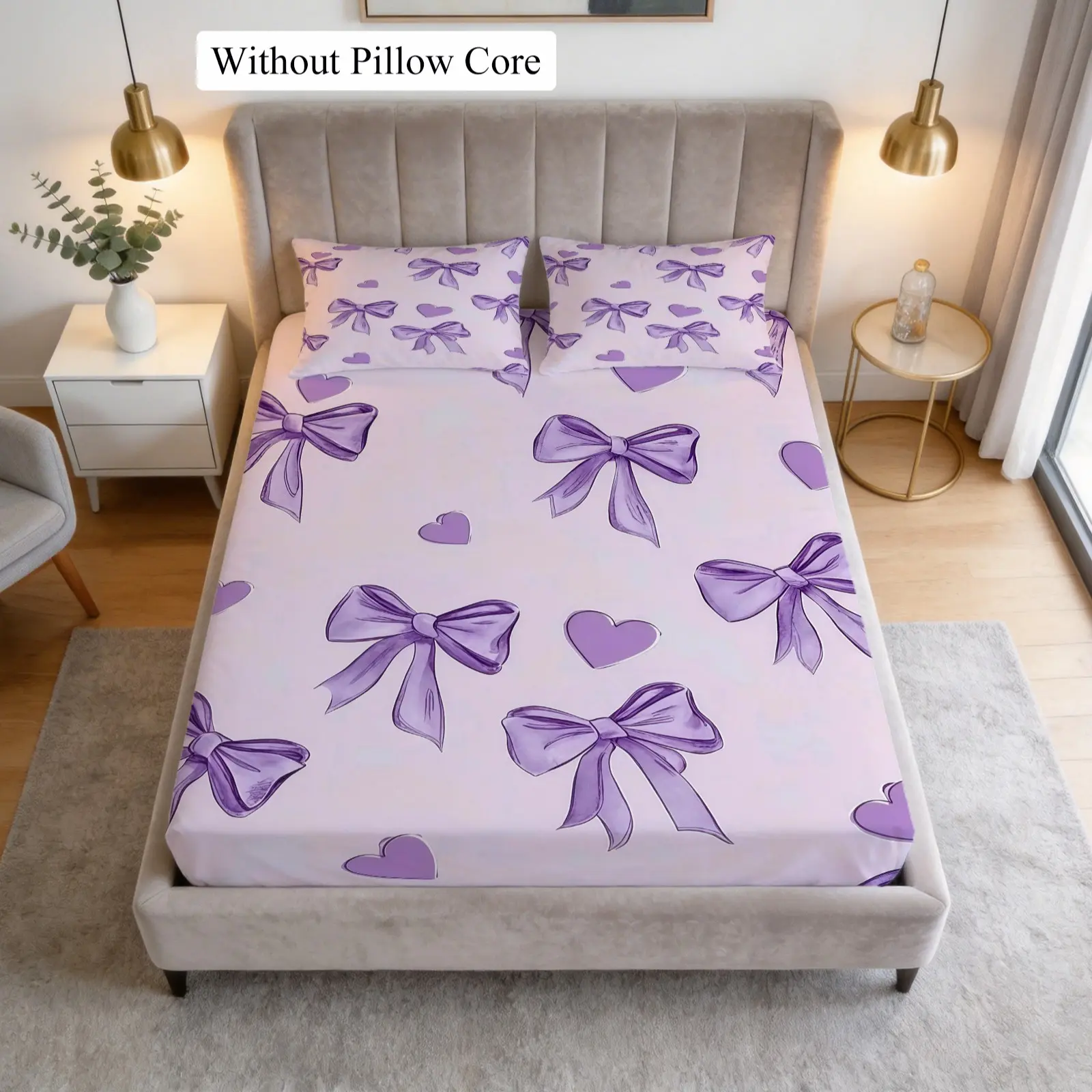 Bed Sheet Set With Purple Bow Single-Sided Printed Pattern, Ins Style Fresh And Fashionable Bedding Decoration, 1 Bed Sheet With 2 Pillowcases (Excluding Pillow Core), Suitable For Bedroom Decoration And Gifts For Teenagers And Adults