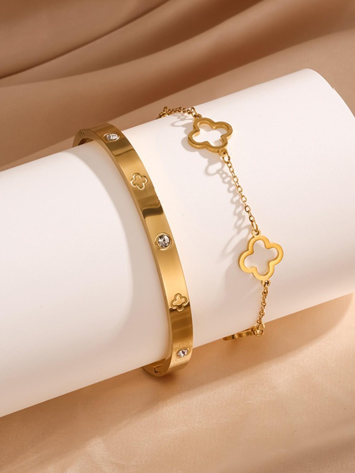 Women's Elegant Four Leaf Clover Design Stainless Steel Jewelry Set, Adjustable Bracelet & Bangle, European Style, Perfect Gift