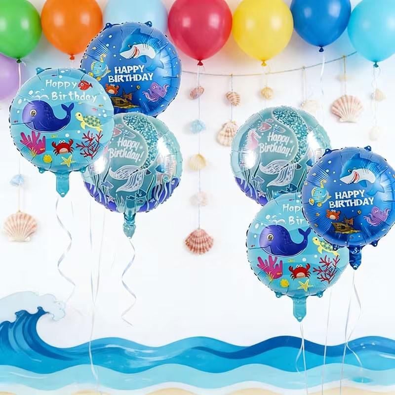 8-Piece Ocean Theme Birthday Balloons, Mermaid Tail, Shark, Whale Balloons, Party Decor, Pool Party, School Event, Aquarium Opening