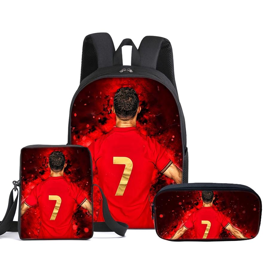 CR7 Football pattern printed 16-inch Soccer Backpack three-piece set (single-layer backpack + small shoulder bag + single-layer pencil bag)