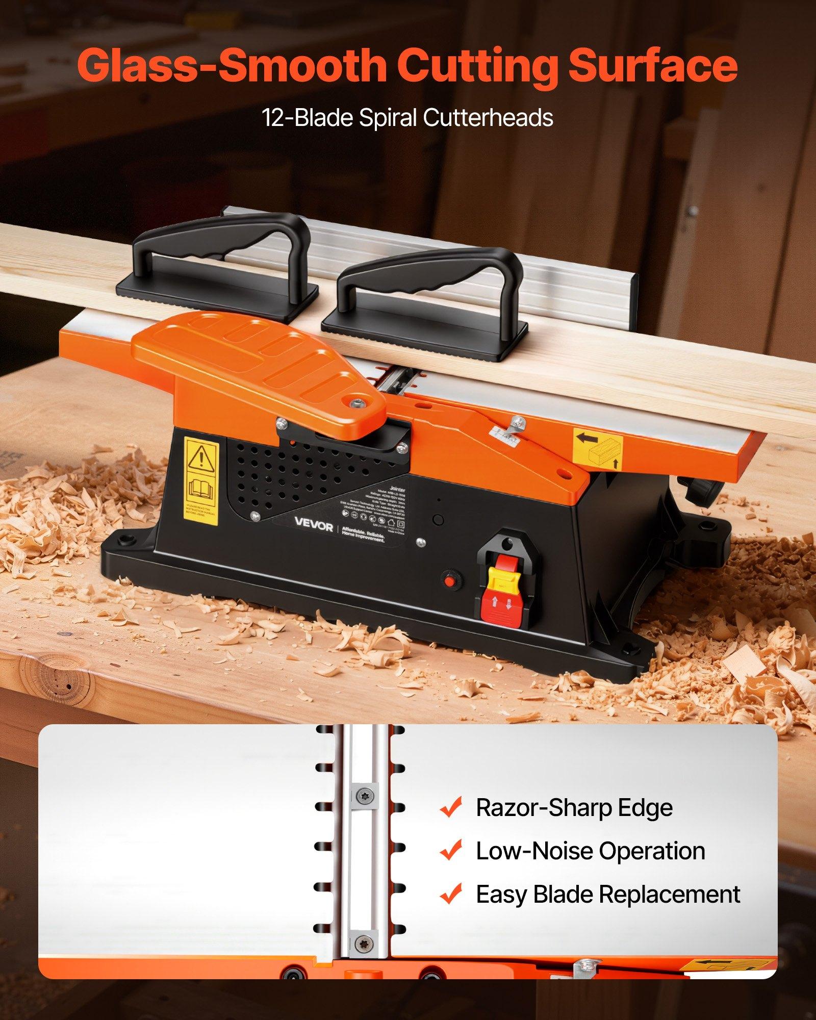VEVOR Spiral Benchtop Jointer, 6 in, 2 HP 12000 RPM Bench Top Wood Jointer, with 12-Blade Spiral Cutterhead, Up to 1/8 in Depth, Adjustable Fence, 6x 23 in Cast Aluminum Table, for Woodworking DIY