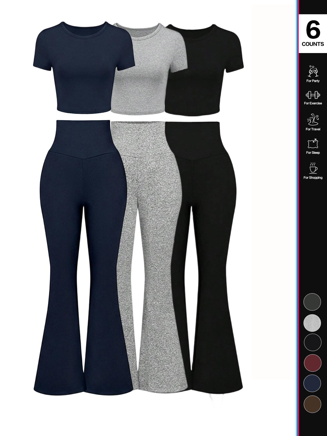 Women's High Waisted Flare Pants Set, 2 Piece, Short Sleeve Cropped T-Shirt Top, Bell Bottom Workout Sets, Casual Fashion, Athleisure Wear