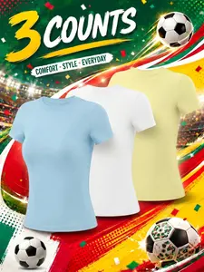 Women’s 3 Pack Soccer T Shirts Cooling Comfortable Breathable Buttery Soft Yoga Tops Four Way Stretch Solid Color Crew Neck Slim Fit Sport Jersey Style Shirts for Gym Pilates Outdoor Running Cycling Moisture Wicking Quick Dry Daily Casual Fitness Tees