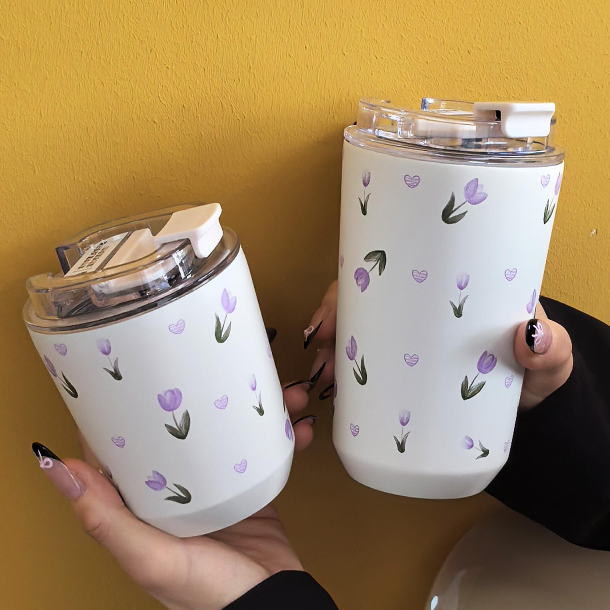 Hand-Painted Tulip Stainless Steel Insulated Cup Tumbler, 280ML-380ML Dual-Layer Thermal Bottle Insulated Flask for Gym Office Home Travel Gifts Vacuum Insulated Tumbler