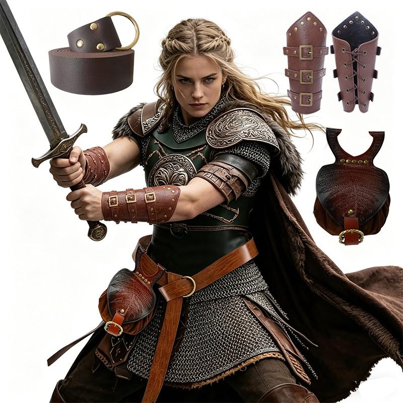 4pcs Medieval Knight Buckle Wrist Guards, Leaf Texture Waist Bag, PU Leather Belt, Halloween Costume Accessory, Unisex Role Play Props
