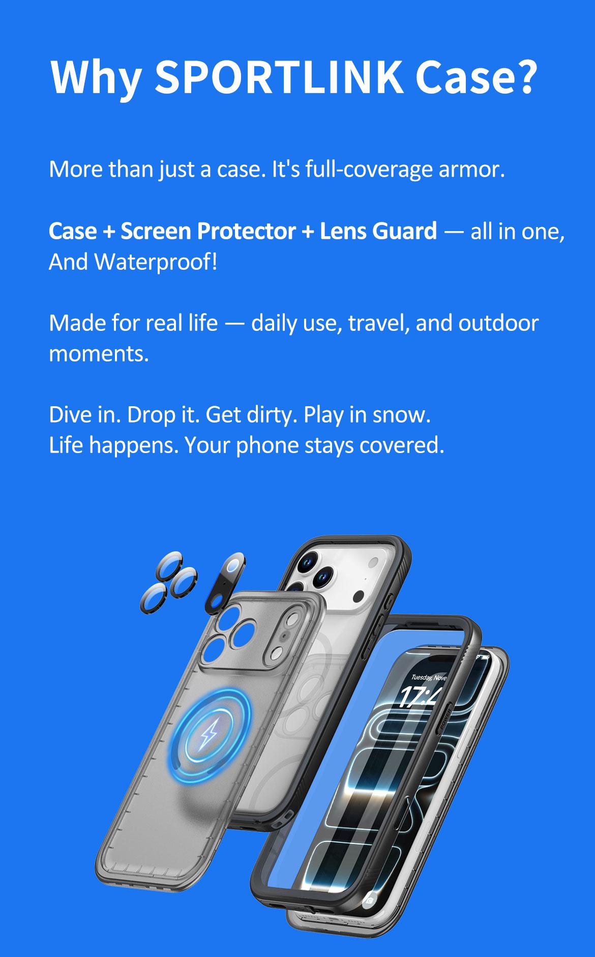 [3-in-1] SPORTLINK Phone Case | Built in Screen & Camera Lens Protector for iPhone 17/16/15/14/13/12/11 & Samsung S24/S25Ultra | MagSafe Charging |  | Waterproof & Shockproof | For Beach, Underwater, Travel, Camping, Summer, Everyday, 2026 Spring