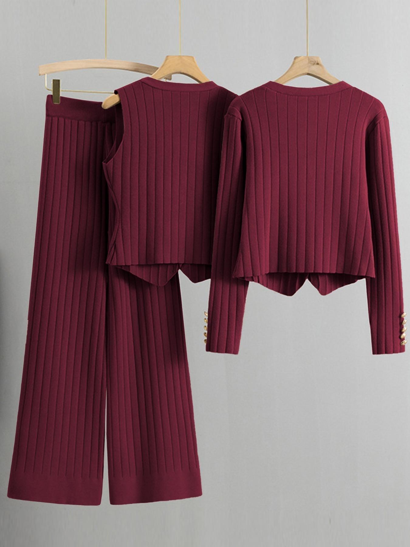 Women's Fall Winter Comfortable Soft Three-Piece Knit Set, V Neck Button Long Sleeve Cardigan & Sleeveless Vest, Elegant KnitikTokMadeMeBuyIt #CasualChic#MatchingSet