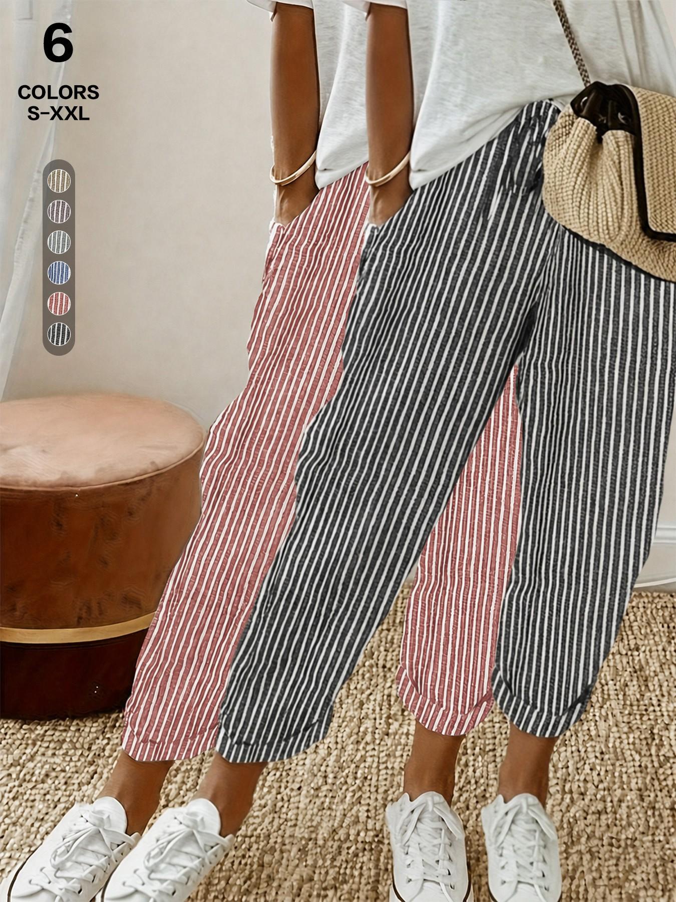 Women 2026 New Arrival Vertical Striped Linen Blend Cropped Pants, High Waist Drawstring Cuffed Casual Capri Trousers with Pocket, Summer Loose Fit Beach Everyday Jogger Pants, All Season, Casual Style Bottoms