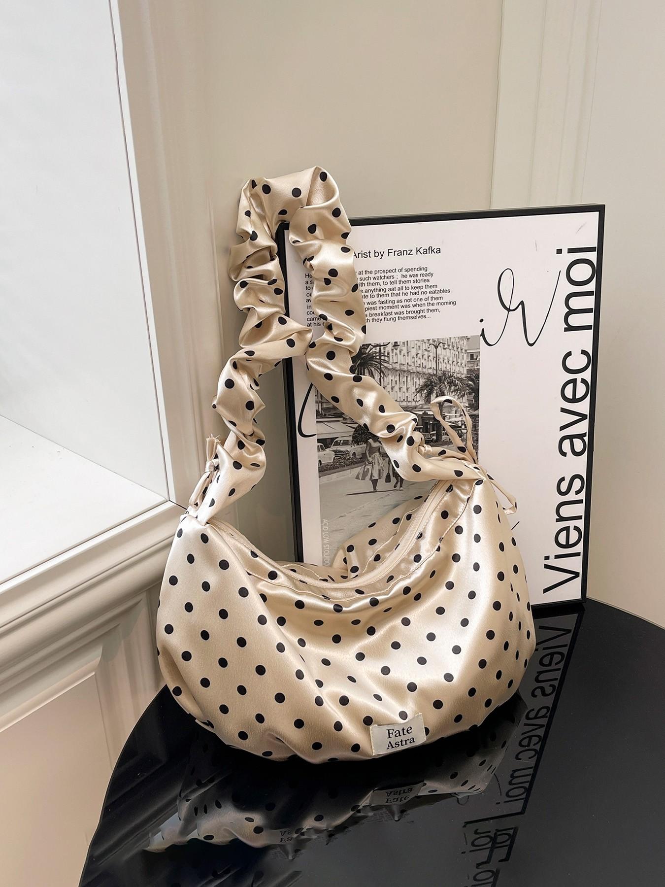 1pc Ladies' cute polka dot shoulder bag, pleated elastic shoulder strap design, aesthetic retro cloud bag with "Fate Astra" label, sweet casual daily perfect for spring and summer wear