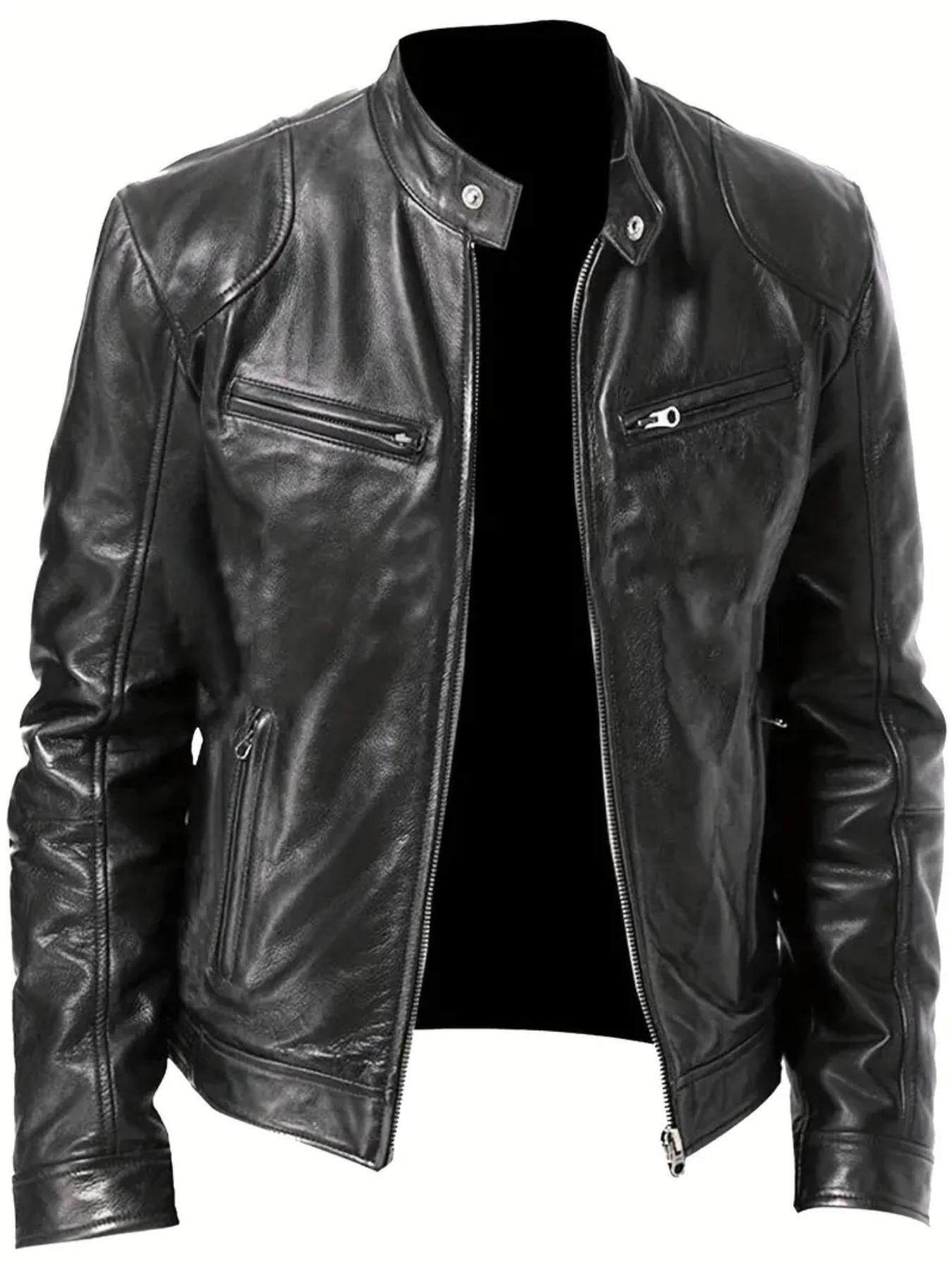 Men's Leather Jacket Spring & Fall Plain Casual Vintage Motorcycle Outerwear, Fitted Short Coat for Outdoor Riding
