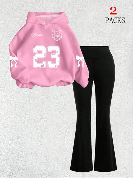 【FREE PERSOMALITY】Women's Warm Sweatshirt Set + Slim Fit Flare Pants, Casual Butterfly Print, Kangaroo Pocket, Fall & Winter