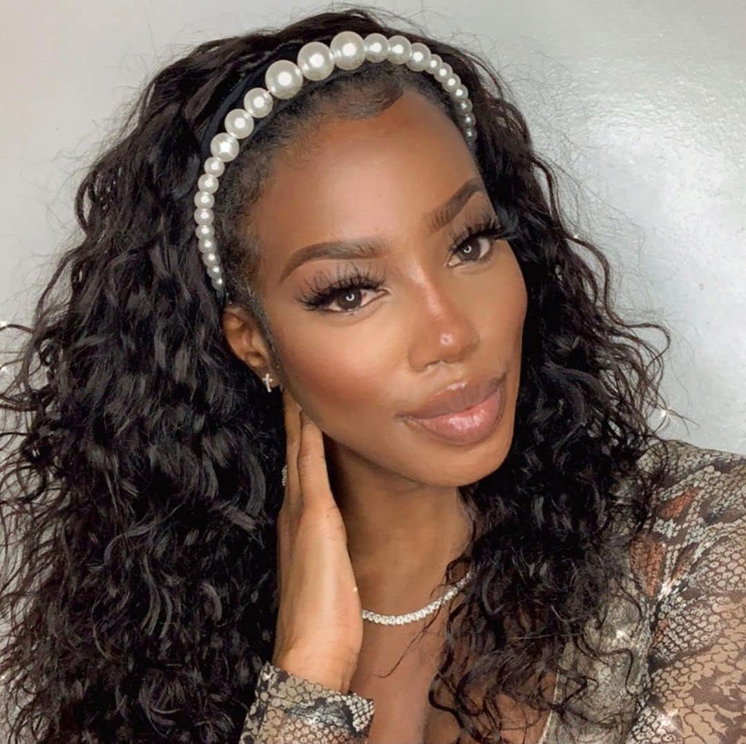 Bling Hair Curly Headband Wig Deep Wave Headband Wigs with Headbands Attached Glueless Black Wig 150% Density for Daily Use (26 Inch)
