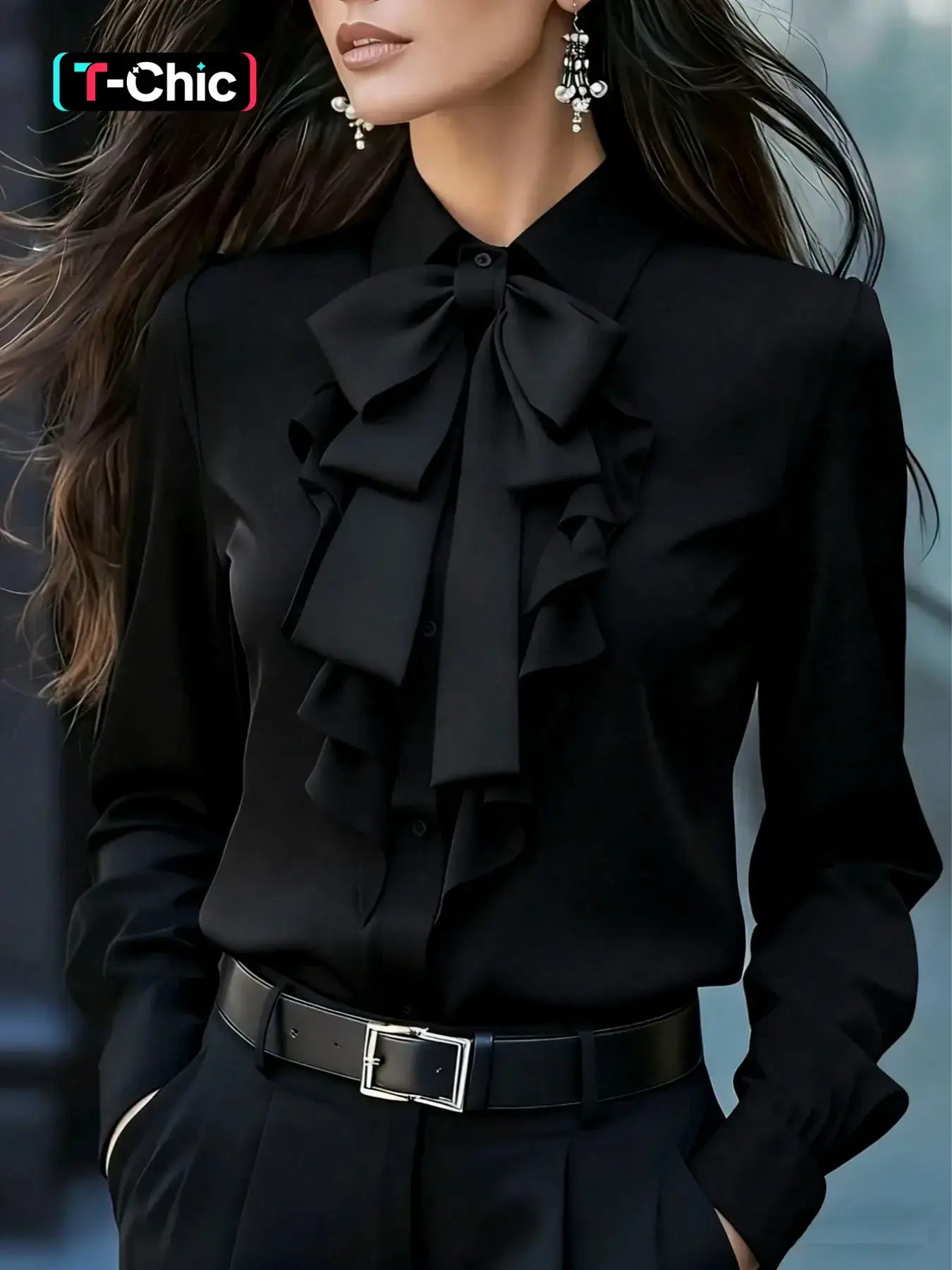 Women's Loose Button Front Long Sleeve Shirt Blouse, Chest Ruffle Design, Detachable Bow, Fall Winter Essential, Office Party Wear