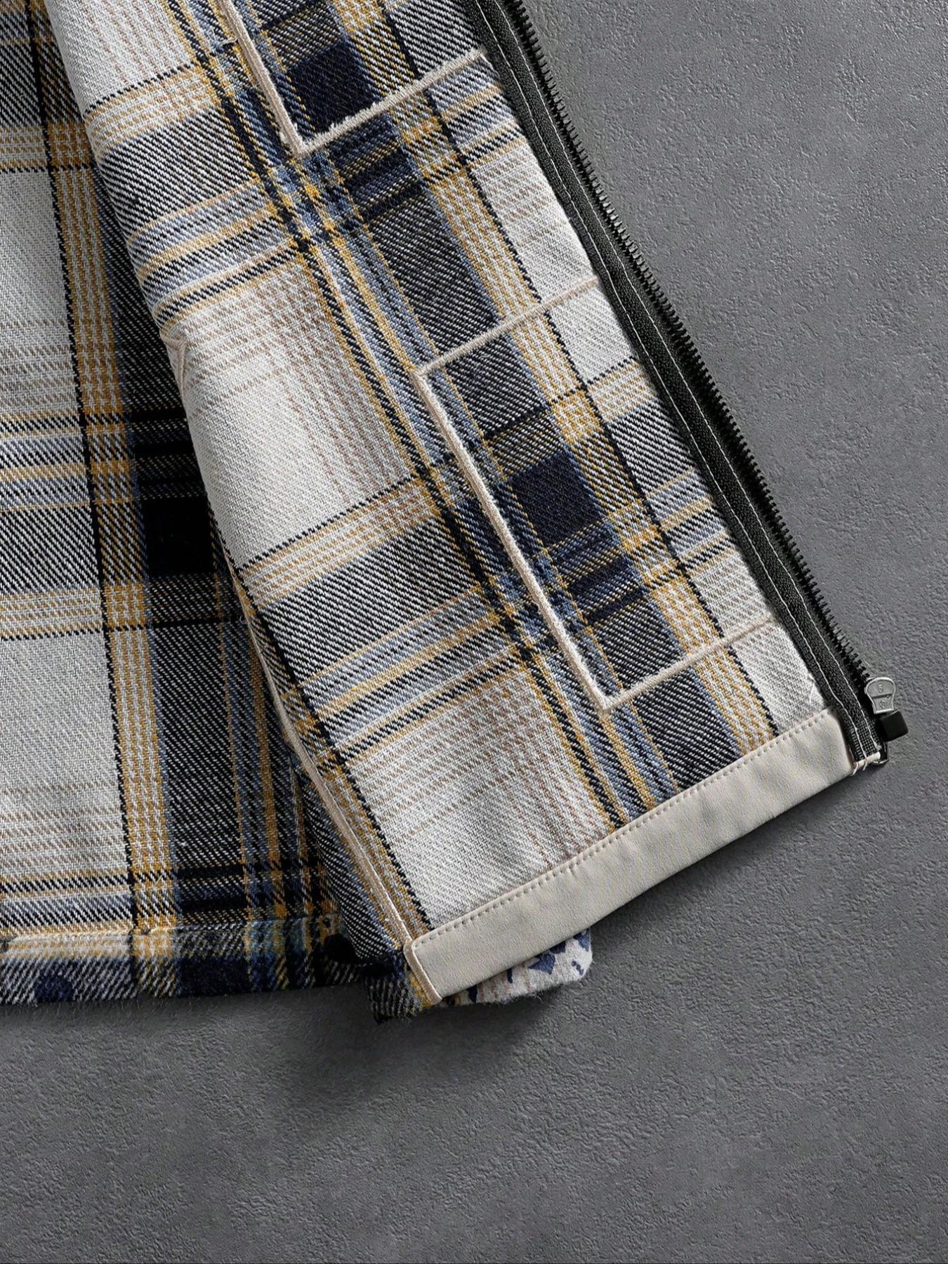 Men's Blue Plaid Zipper Jacket, Trendy Design with Embroidery, Thick Fabric, Vintage Grid Street Style, Unique Fashion Attitude, Coats