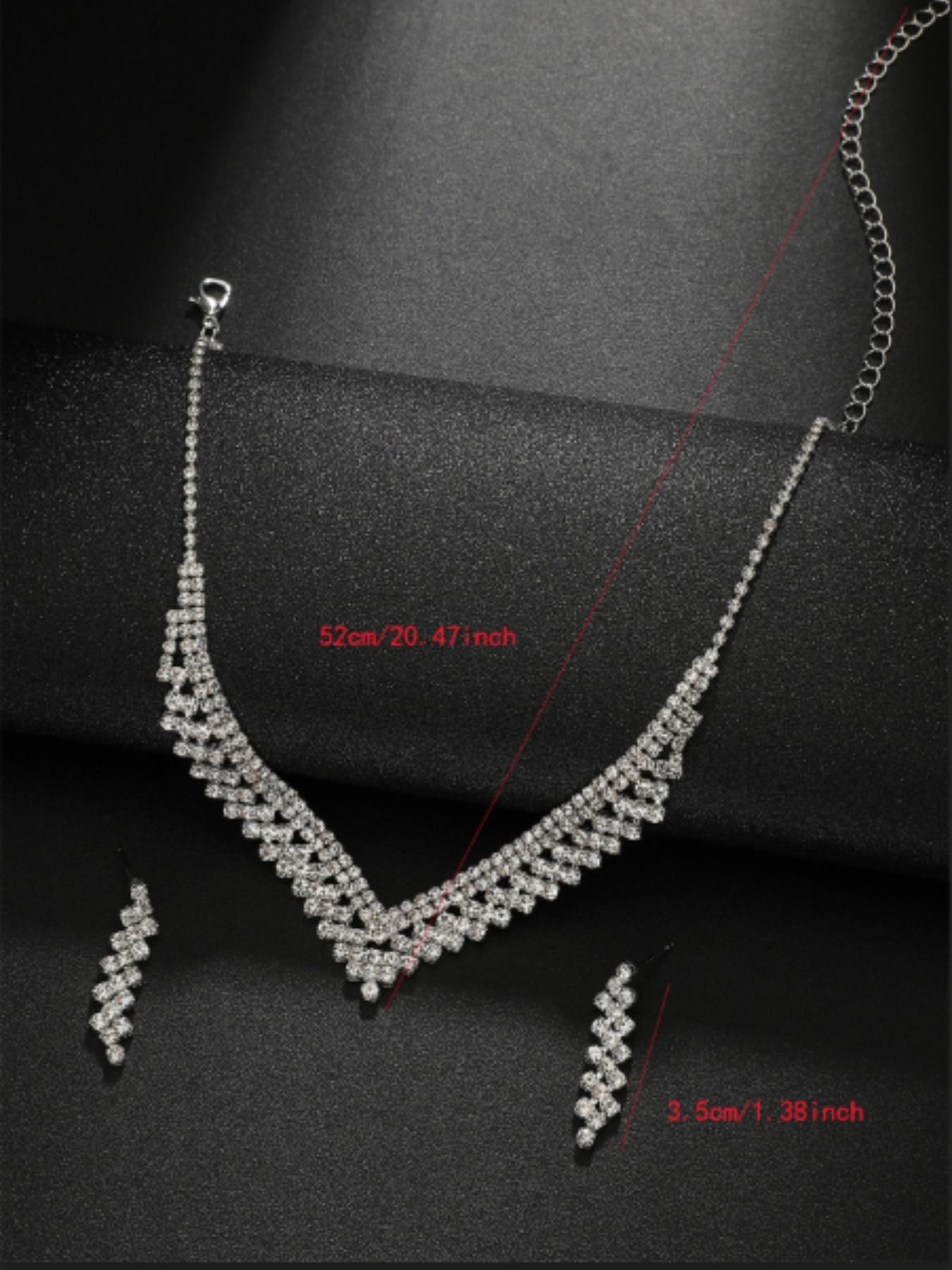 Vintage Luxurious Full Diamond V-Neck Necklace Earrings Set, Bride Wedding Dinner Elegant Accessories, Casual All Seasons Style