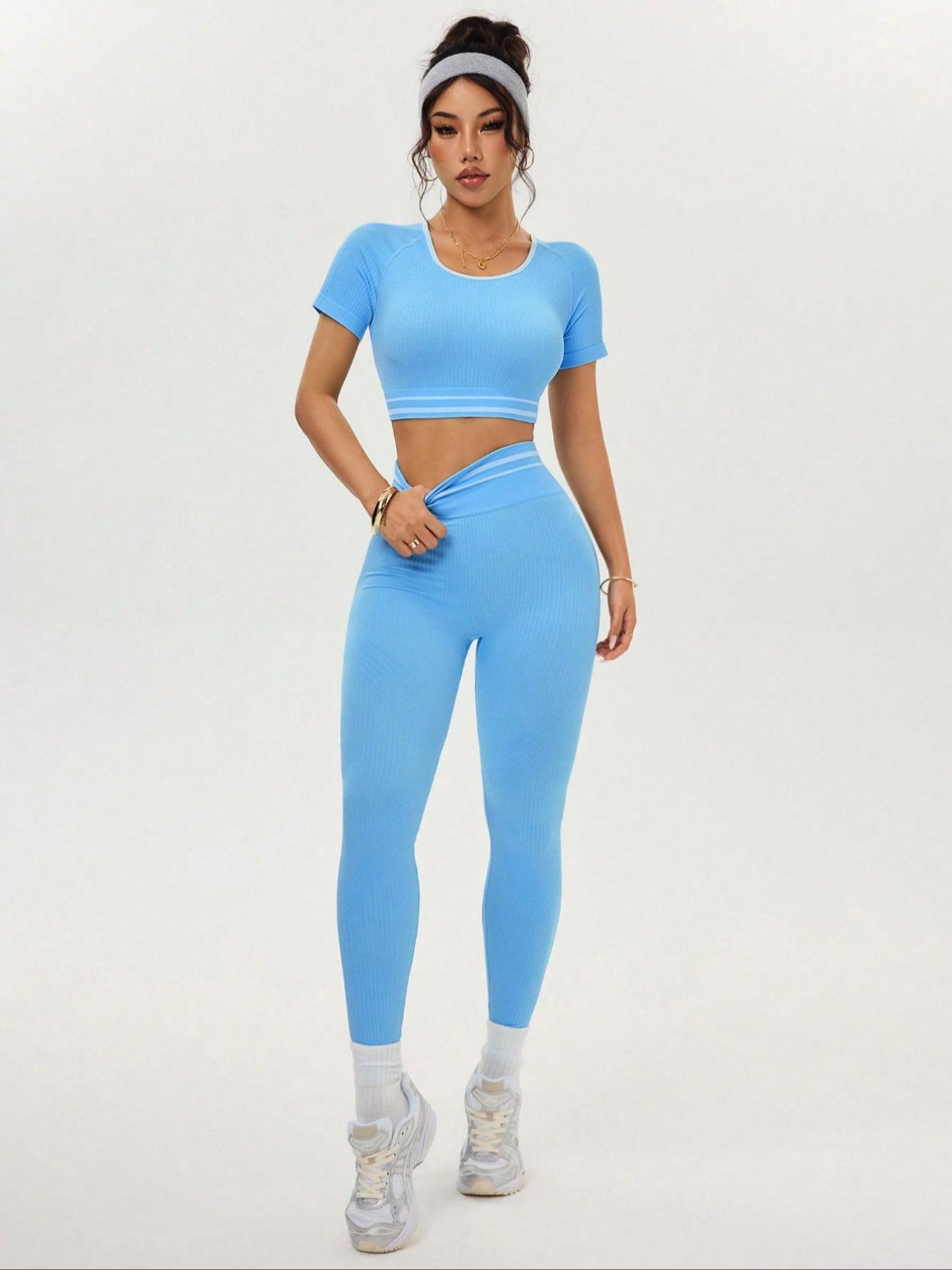 Women's Two-Piece Set, Colorblock Ribbed Round Neck Sporty Short Sleeve, High Waist Butt Lifting Yoga Tight Pants, Casual Fitness Fashion