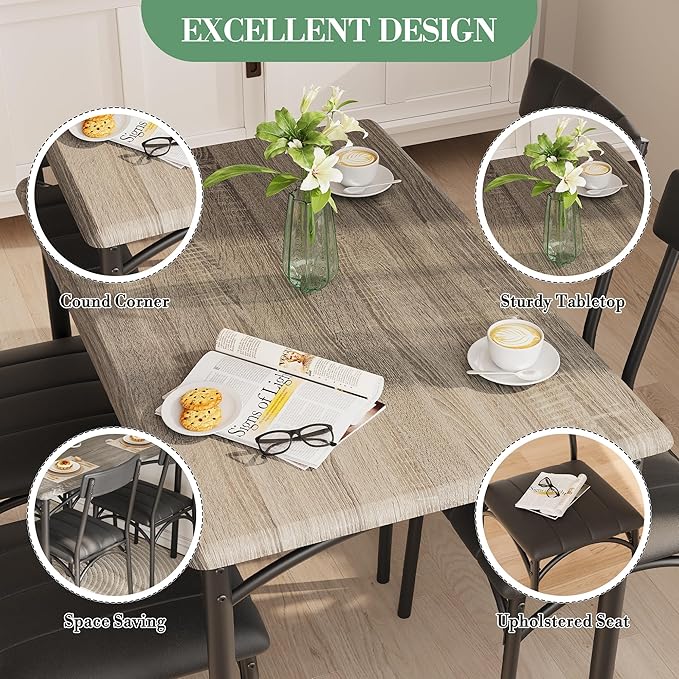 Kitchen Table Set with Chairs, Dining Table Set for 4, Metal and Wood Rectangular Dining Room Table Set with 4 Upholstered Chairs, 5 Piece Dining Set for Small Space, Apartment