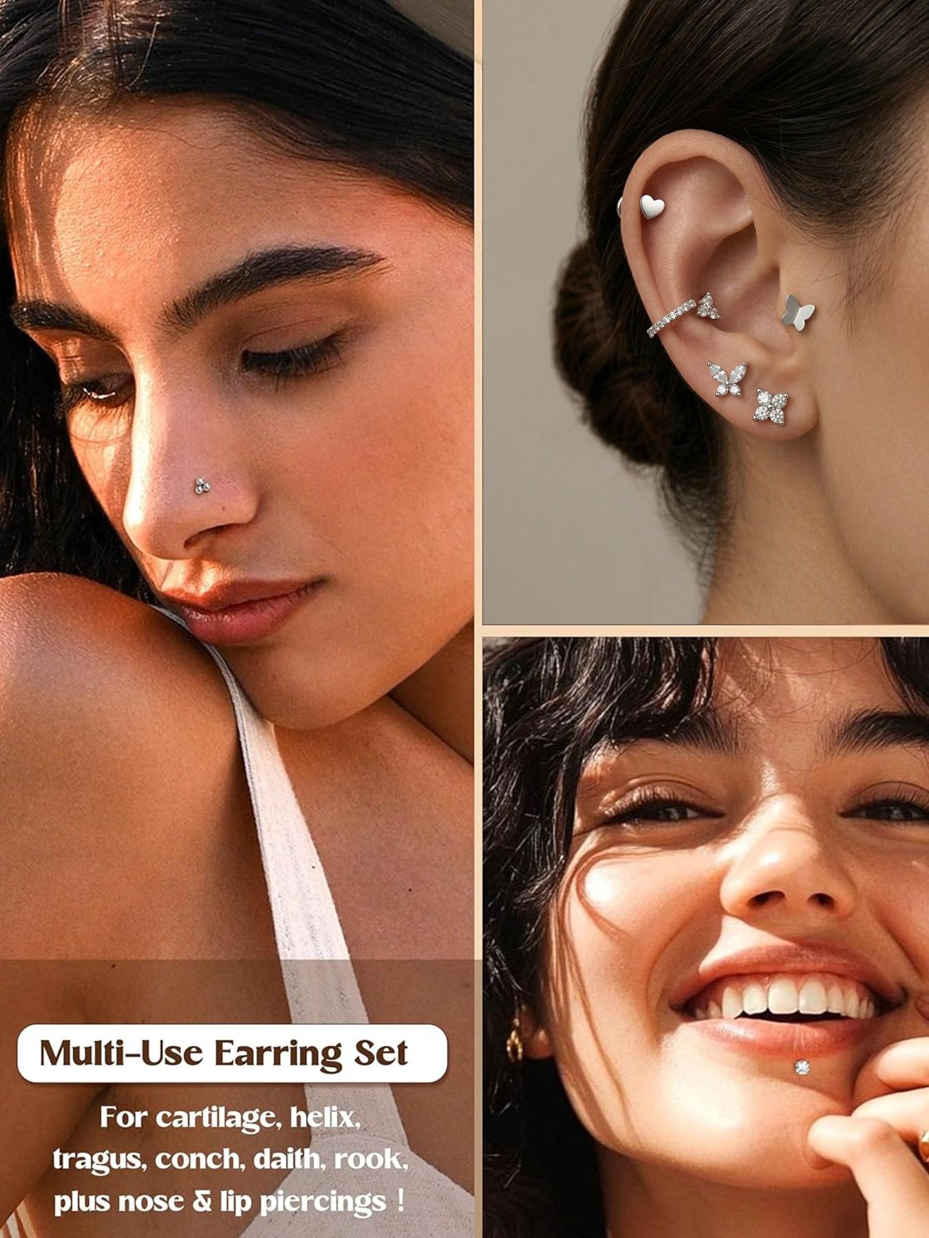 20G Flat Back Earrings for Women Threadless Butterfly Stud 316L Surgical Steel Stud Hoop Earrings Push in Nose Studs Hypoallergenic Cartilage Earring Stacks Labret Helix Tragus Conch Piercing Jewelry