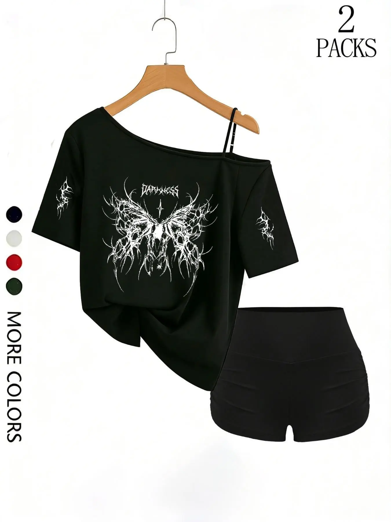 Women's Spring/summer Y2K Grunge 2-Piece Set, Gothic Tree of Life & Moon Phase Print, Off-Shoulder Tee, High-Waisted Shorts, Casual