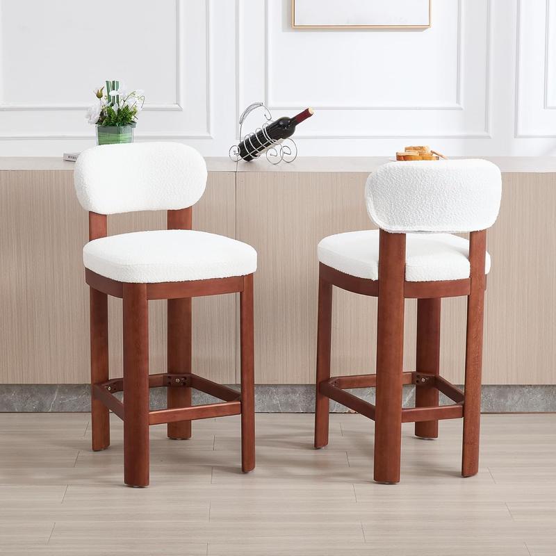 Mid Century Modern Bar Stools Set of 2 – Teddy Fabric Upholstered Chairs with Back, Counter Height, White Fabric & Brown Legs for Kitchen/Dining