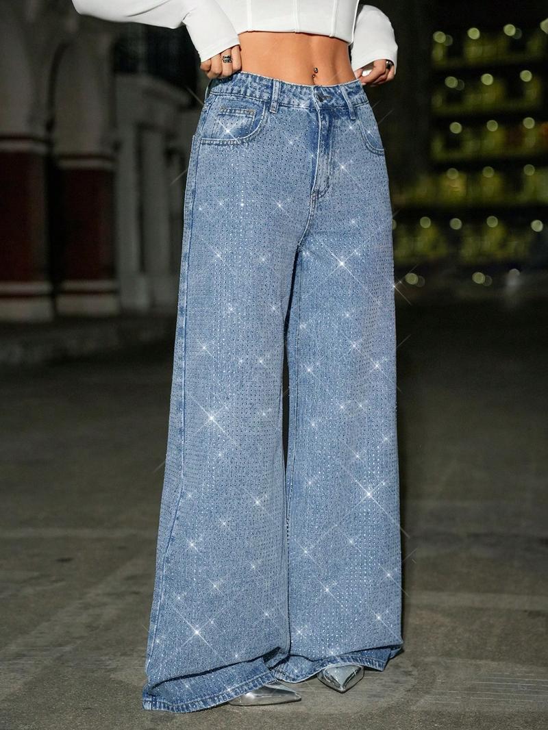 Women's Fashion Denim Trendy Wide Leg Comfortable Rhinestone Design Elegant Long Pants, Fitted Plain Style, All Seasons