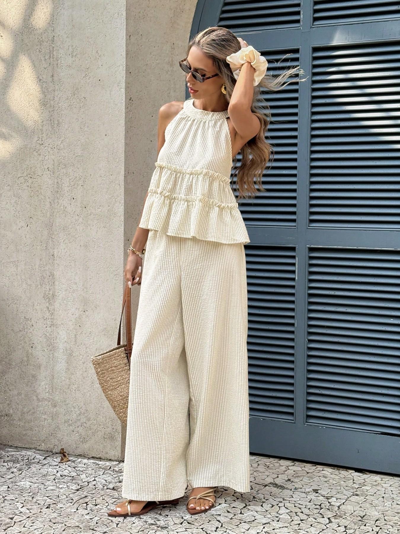 Women's 2 Piece Set | Sleeveless Halter Neck Ruffle Top & High Waist Wide Leg Pants | Casual Feminine Summer Beach Vacation Outfit