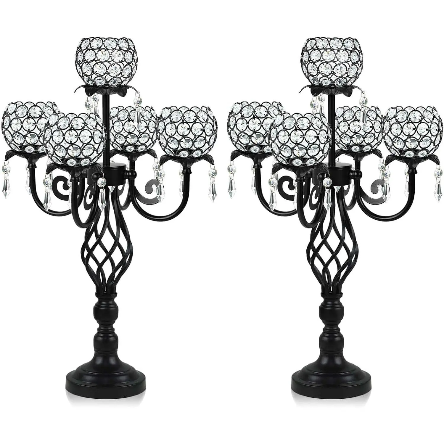 5-Arm Crystal Candelabra Centerpiece 23.2" Tall - Elegant Candle Holder Stand with Crystal Bowl, Chic Table Decor for Weddings, Parties, Anniversary & Home Decoration (2, Black)