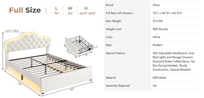 Sikaic Full Size Velvet Princess Platform RGB LED Bed with Storage Drawers and Adjustable Crystal Button Headboard Creamy Furniture Luxury Design Cute