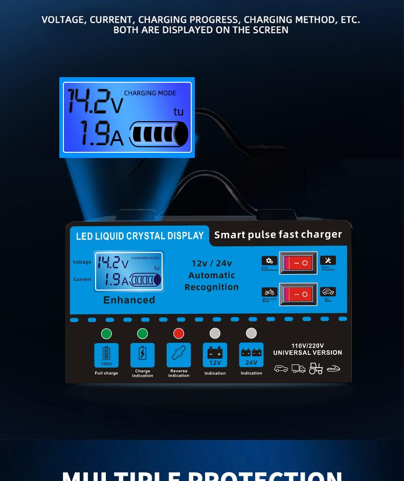 12V and 24V smart universal battery charger with LCD display, smart maintenance, temperature compensation, overcharge and short-circuit protection, suitable for intelligent trickle charging and maintenance of car, SUV, truck, yacht, emergency starter