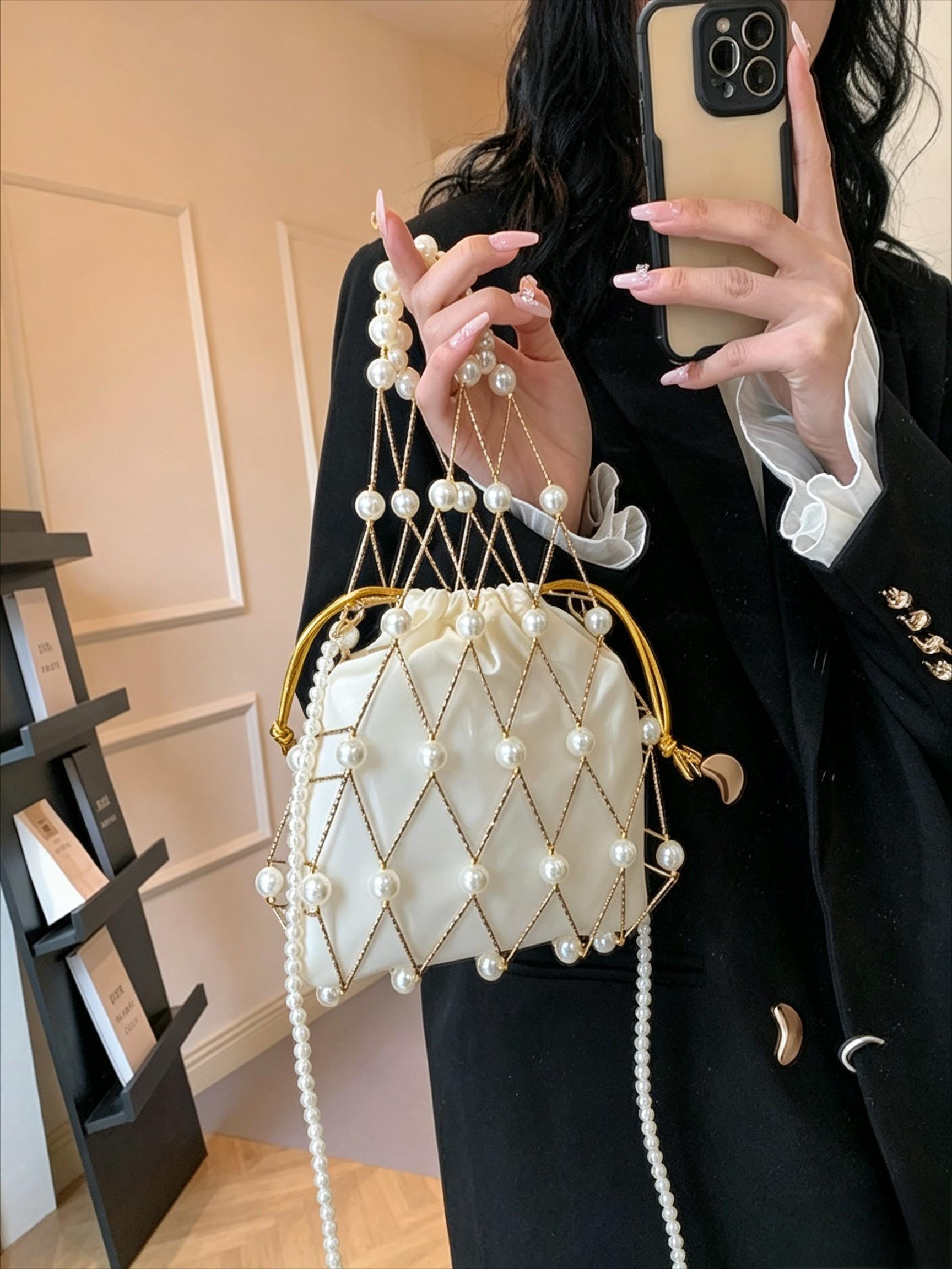 Pearly Net Pouch Bag for Mobile Phones, Unique Luxury Design, Soft Style Women's Essential Bag, Perfect for Parties and Dates, Christmas Atmosphere Enhancer, Fashionable Unique Bags