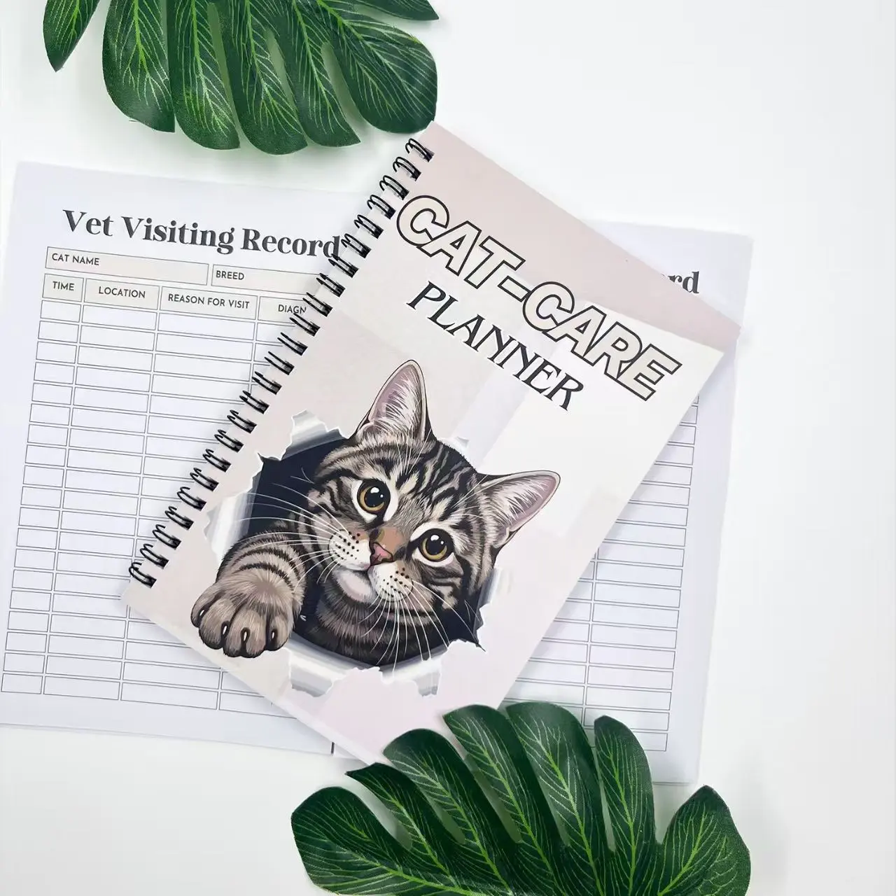 Cats Care Planner Spiral Notebook, Cute Tiger Stripe Cat Cover, Health, Vaccination, Feeding, Grooming Log Book, Pet Care Record Workbook
