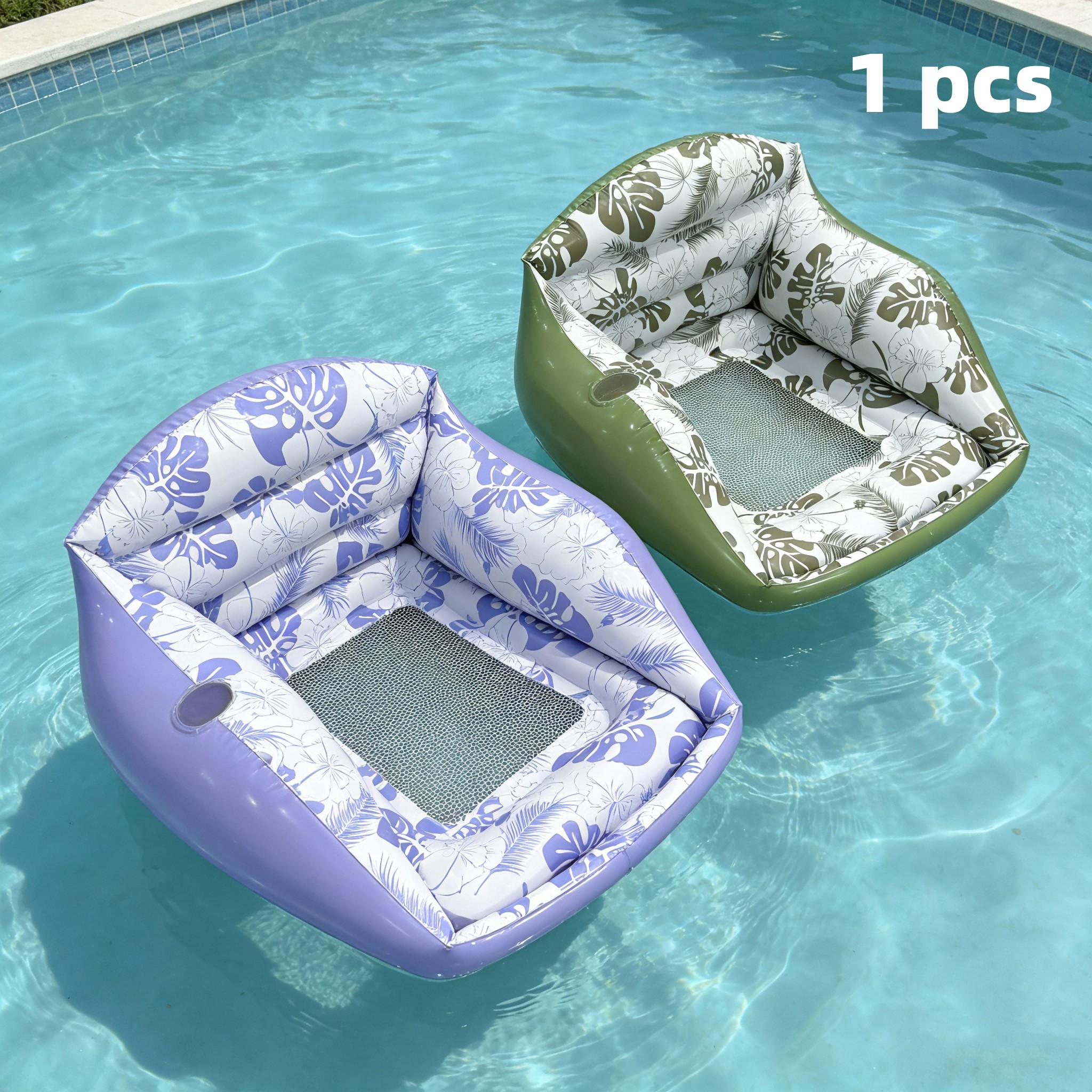 Adult Large Inflatable Water Sofa, Tropical Style Float Chair with Cup Holder, Pool Toy, Outdoor Use, 3-In-1 Inflatable Lounge