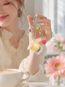 Japanese Cute Pudding Cup Bag Charm with Strawberry Candy Pendant and Star Keyring, Y2K Aesthetic Purse Accessory for Women Girls, Fashion Backpack Hanging Ornament for Car Keys Wallet, Christmas Halloween Birthday Gift Idea