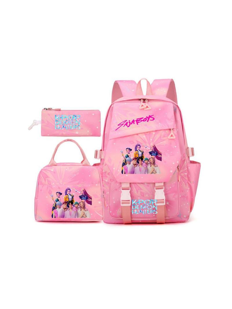 New K-Pop Demon Hunters Cartoon Print Backpack Set, Fashionable Breathable Waterproof Dual-Shoulder Bag, Lightweight Travel Bag for Students, Backpack for School