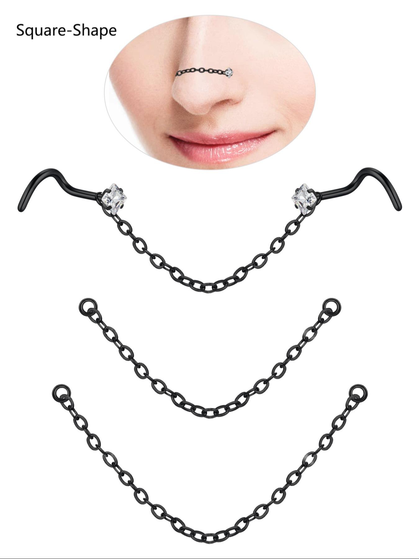 Unisex Stainless Steel Cz Nose Chain, Cool Bone Shape Ring, Party Style Piercing Jewelry, Halloween Accessory