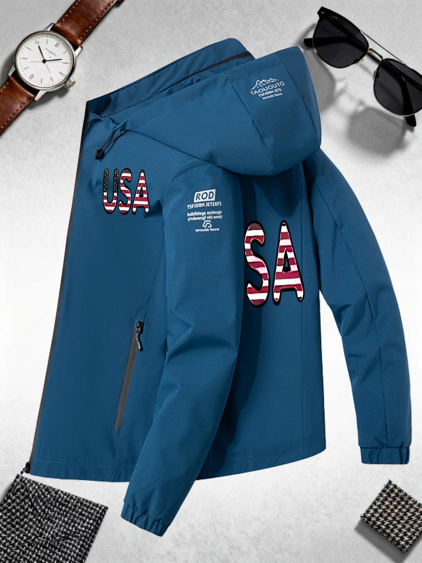 Men's Windproof Snow Jacket, Long Sleeve Fitted Outerwear, Geometric Pattern, Adjustable Strap, All Seasons