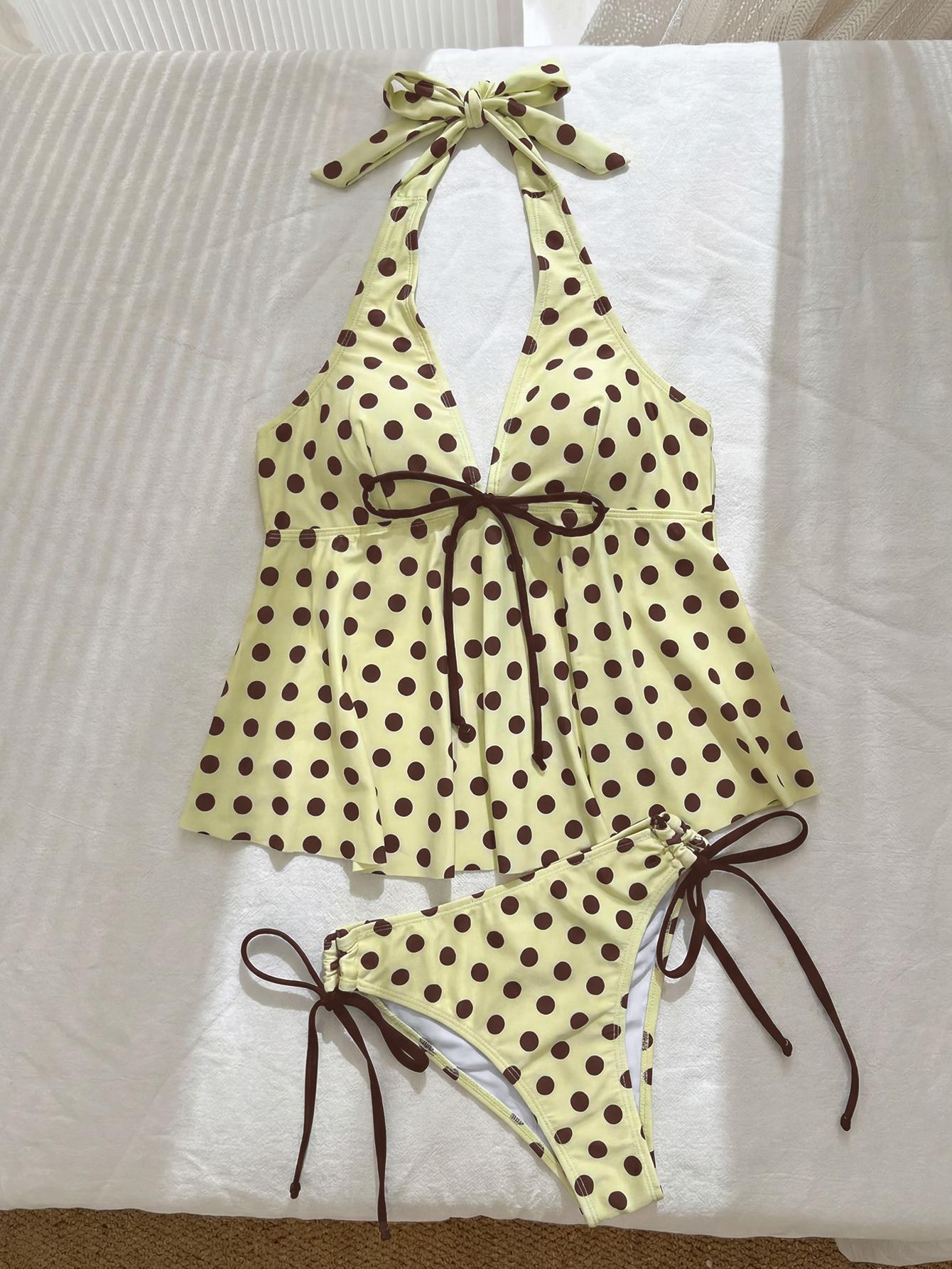 Polka Dot Print Sexy V-Neck Tankini Swimsuit, Halter Neck Push-Up Tie Chic Swimwear, Summer Beach Resort Pool Wear, Beachwear Swimsuit Set, Beach Bathing Suit