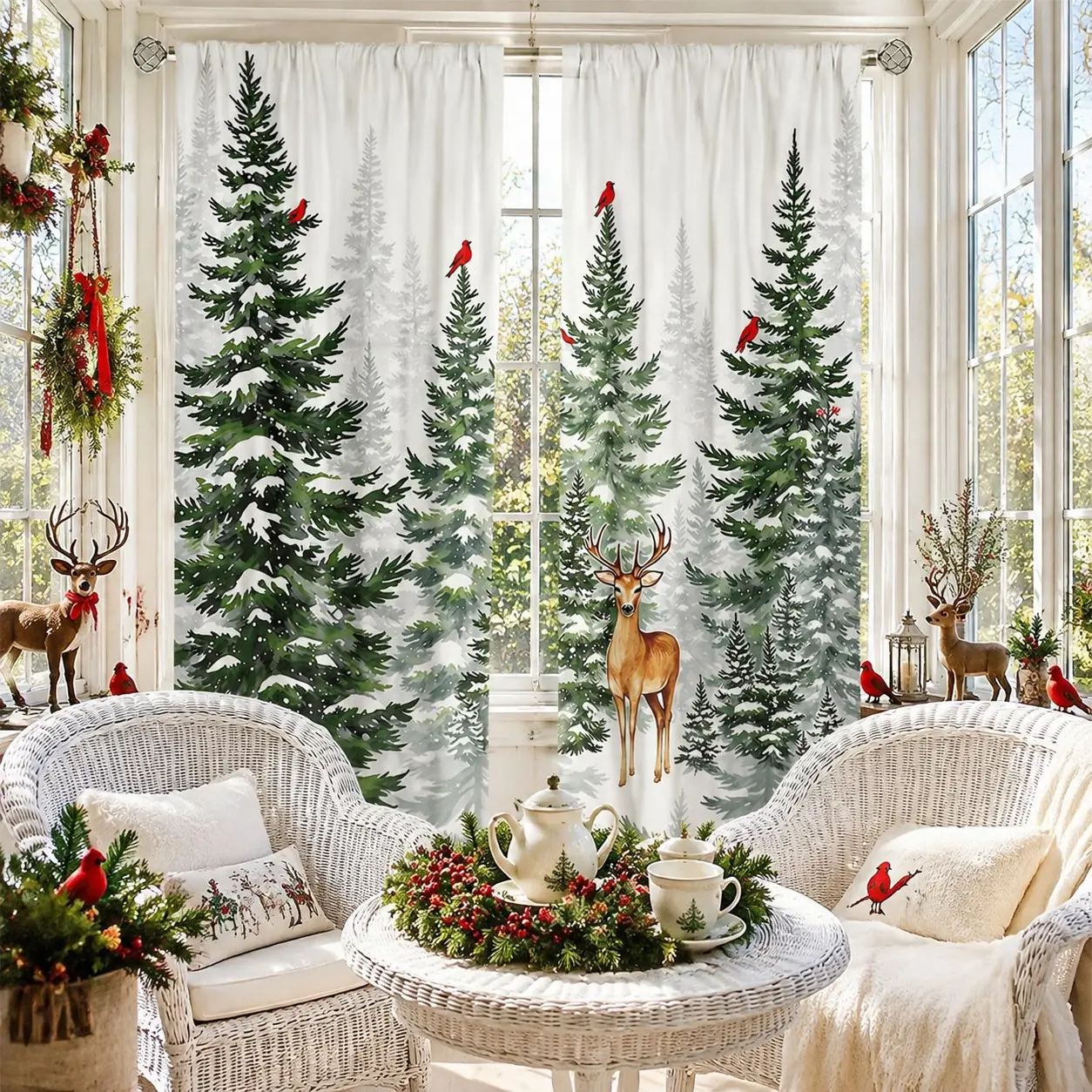 2-piece Nordic Winter Forest Elk Cardinals Curtains, Snowy Pine Trees, Natural Scenery, Printed Semi blackout Curtains, Home Bedroom Living Room Atmosphere Decoration Curtains