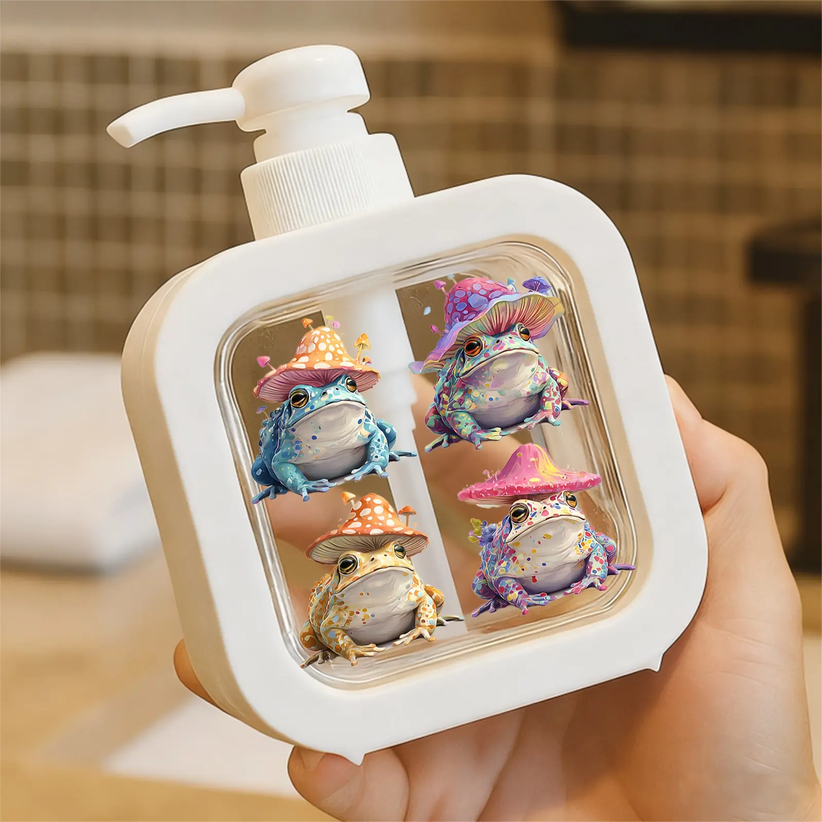 Creative Bathroom Dispenser with Hand Pump - Whimsical 2x2 Cartoon Toads Grid, Mushroom Hats, Colorful Spotted Bodies, Magical Playful Scene, Ideal For Soap, Lotion, Art - Inspired Design