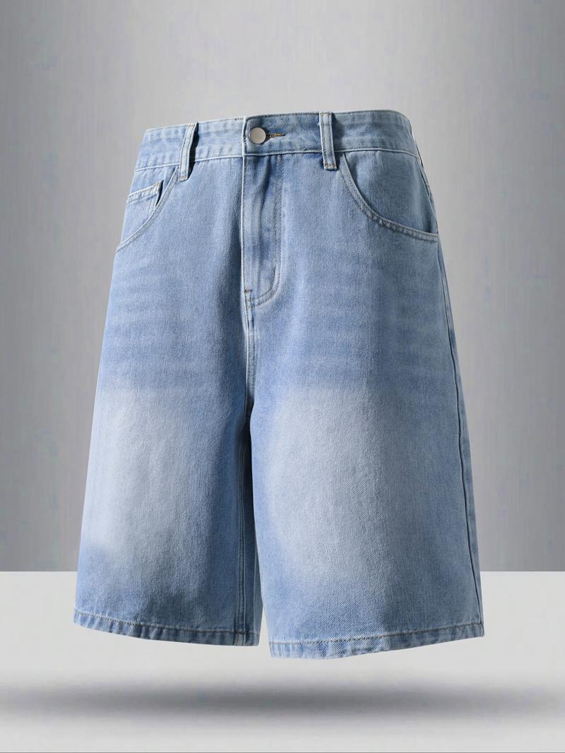 Men's Solid Color Denim Shorts, Loose Casual Comfy Straight Leg Shorts for Summer, Men's Bottoms for Daily Wear