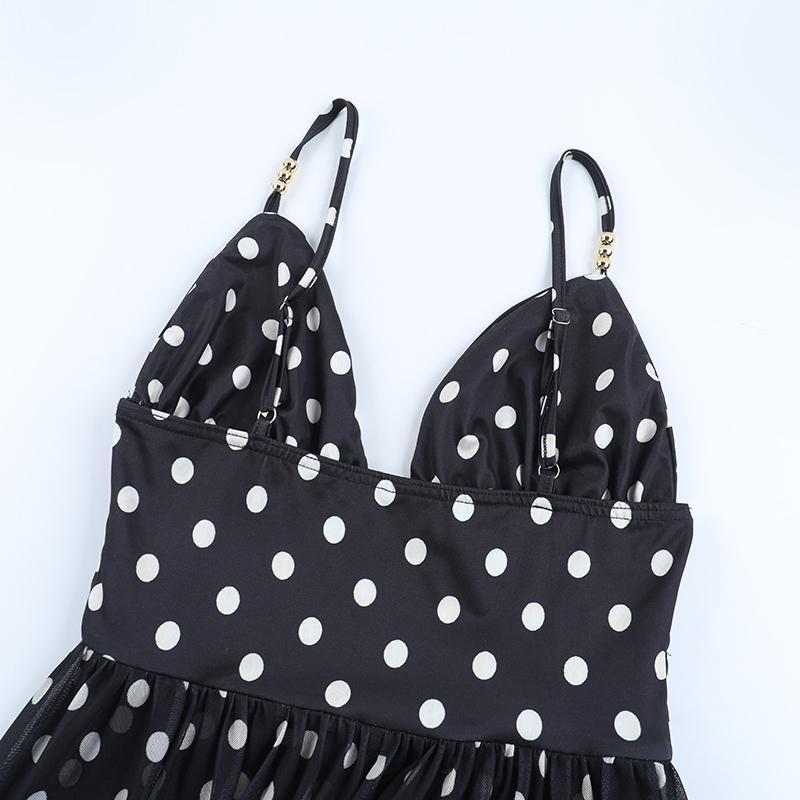 XY25192PFO-Spring Break Outfits, Womens Casual Vacation See-through Mesh Polka Dot Sleeveless Deep-V Neck A-line Spaghetti Strap Long Dress, Holiday Beach Sheer Mesh Dress SpringStatements