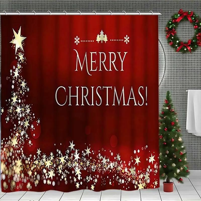 1/4pcs Christmas Holiday Theme Shower Curtain Set, Tree Design, Includes Bath Mat, Toilet Seat Cover, U-Shaped Pad, Perfect Gift, 12 Hooks Included, Bathroom Decoration Accessories